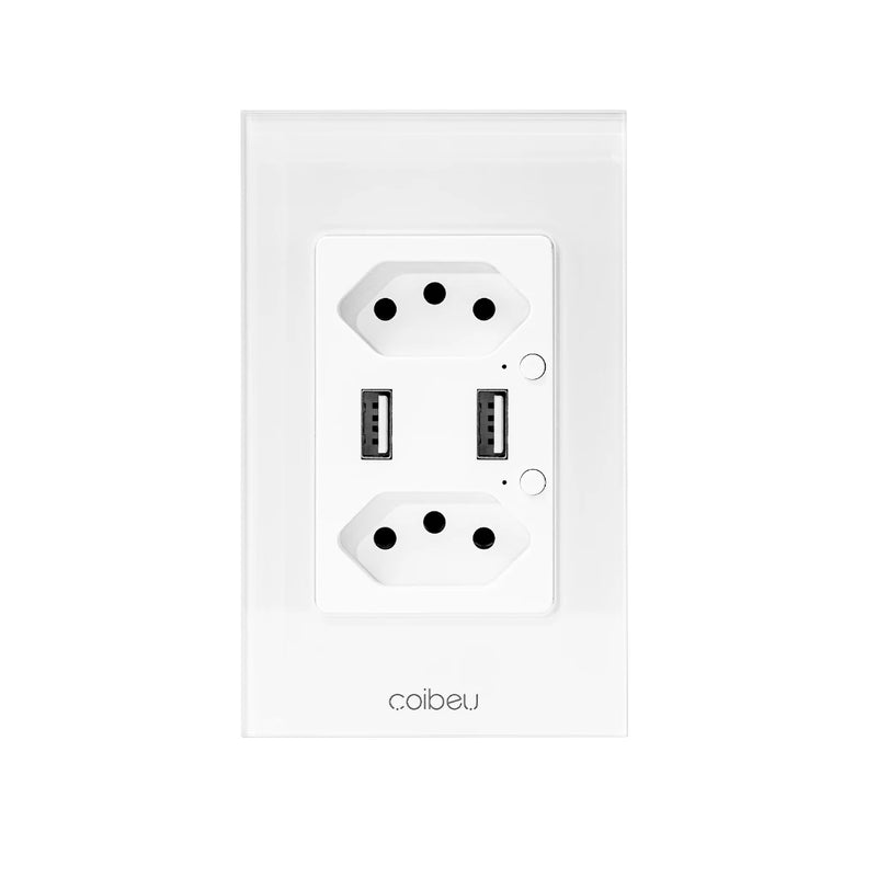 Tomada COIBEU WiFi 2 USB Com Painel De Vidro De Toque De Soquete Botão De Saída Funciona Tuya Alexa Google 2 Tomada e 2USB
